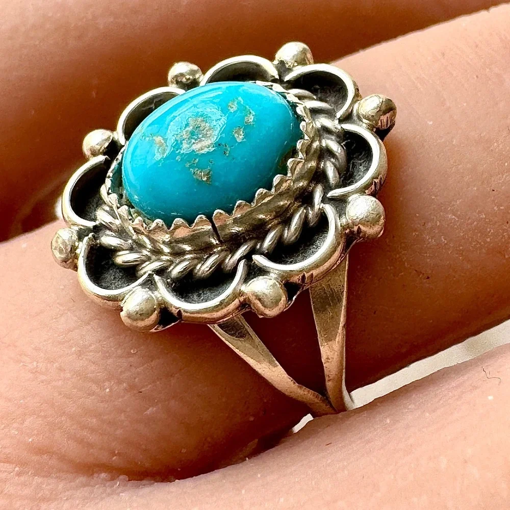Navajo Flower Ring Turquoise Sz 7 Sterling Silver Signed Morgan Native Amer